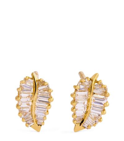 Shop Anita Ko Yellow Gold And Diamond Palm Leaf Stud Earrings