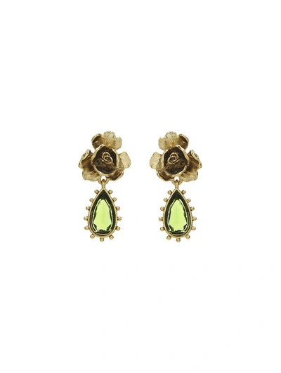 Shop Oscar De La Renta Crystal Petal Rose Earrings In Green