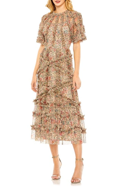 Shop Mac Duggal Floral Flutter Sleeve Ruffle Mesh A-line Dress In Beige Multi