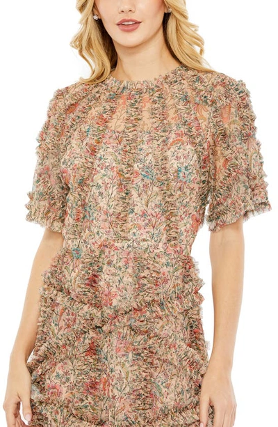 Shop Mac Duggal Floral Flutter Sleeve Ruffle Mesh A-line Dress In Beige Multi