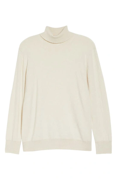 Shop Lafayette 148 Metallic Trim Kindcashmere Turtleneck Sweater In Buff