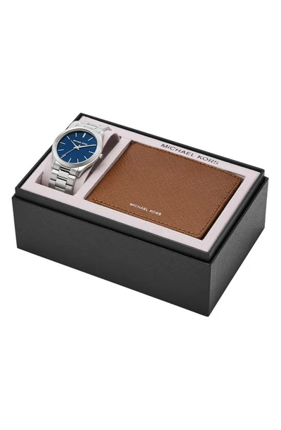 Shop Michael Kors Slim Runway Bifold Wallet & Bracelet Watch Gift Set, 44mm In Silver And Brown Lthr Wallet