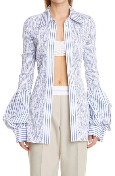 Shop Alexander Wang Smocked Cotton Poplin Button-up Shirt In White/ Blue