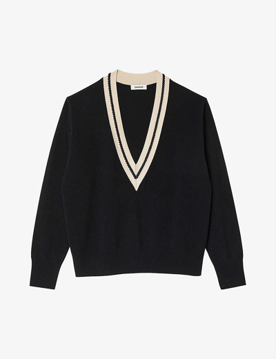 Shop Sandro Women's Noir / Gris Embroidered-neck Wool-blend Sweatshirt