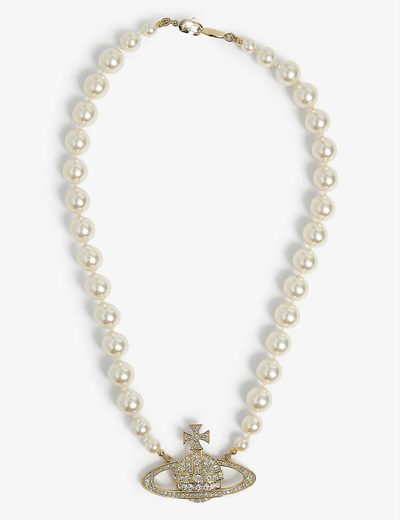 Shop Vivienne Westwood Jewellery Bas Relief Yellow-gold Tone Brass, Pearl And Swarovski Crystal Necklace In Gold/cream
