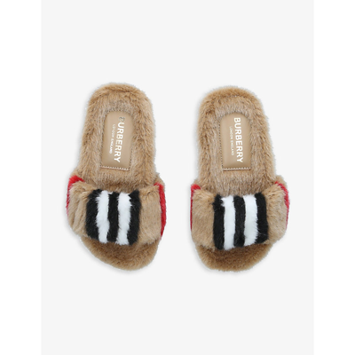 Shop Burberry Girls Beige Comb Kids Hockley Check-print Faux-fur Slippers 5-7 Years