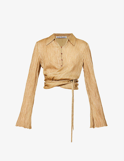 Acne Studios Teba Crinkled Wrap-over Silk Top In Caramel Brown