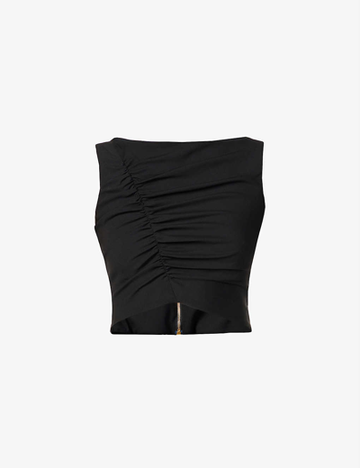 Shop Versace Ruched Boat-neck Stretch-crepe Top In Black