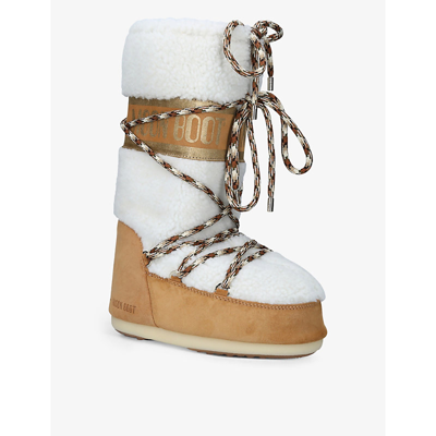 Shop Moon Boot Womens Tan Comb Icon Logo-print Shearling And Suede Snow Boots