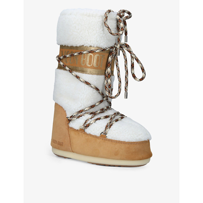 Shop Moon Boot Women's Tan Comb Icon Logo-print Shearling And Suede Snow Boots