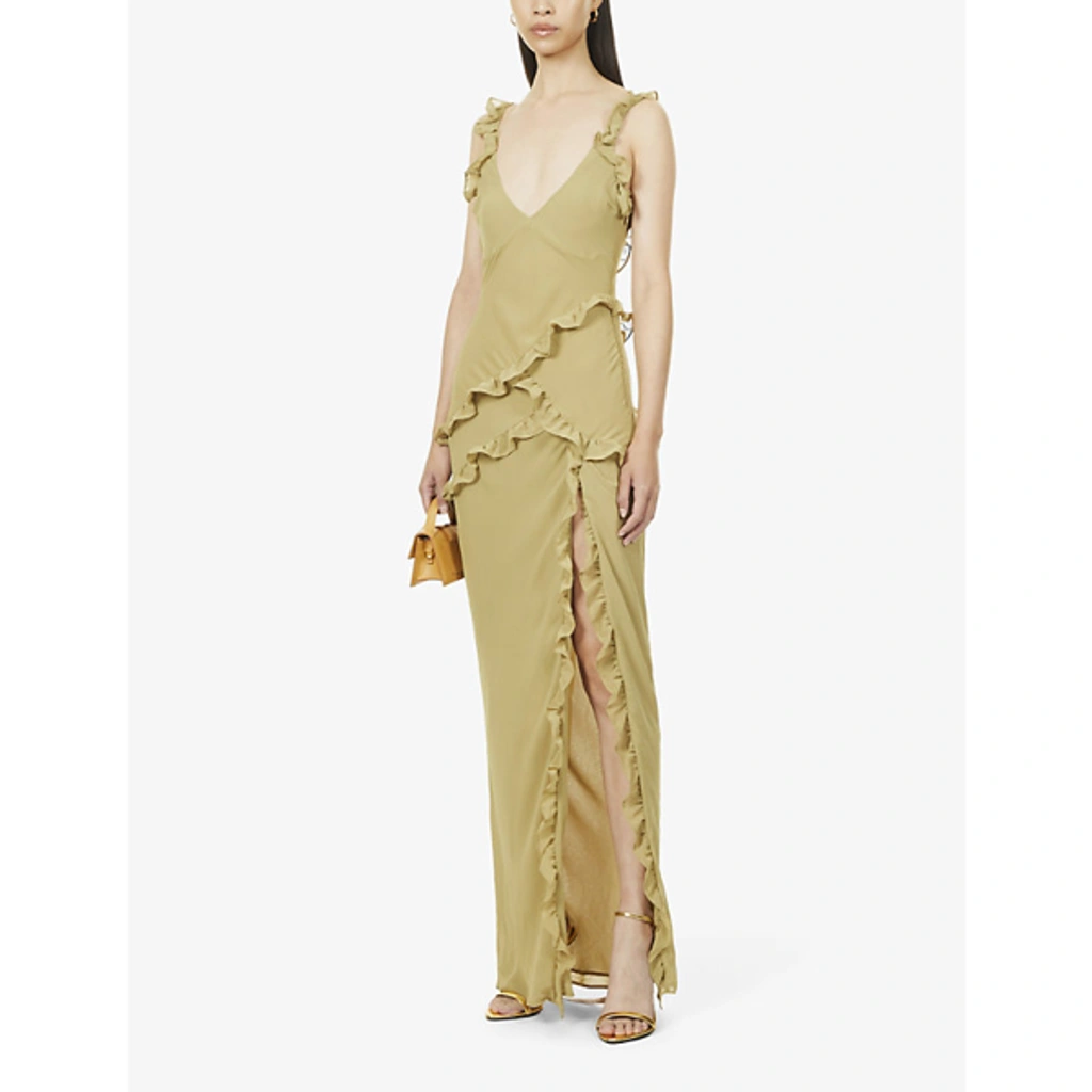 House Of Cb Pixie Ruffled Mesh Maxi Dress In Olive | ModeSens