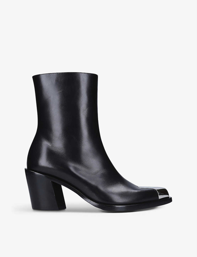 Shop Alexander Mcqueen Women's Black Toe-cap Leather Heeled Ankle Boots