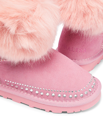 Shop Monnalisa Embellished Faux Fur-trim Suede Boots In Pink