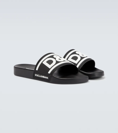 Dolce & Gabbana Rubber Beachwear Sliders With Dg Logo In Black/white