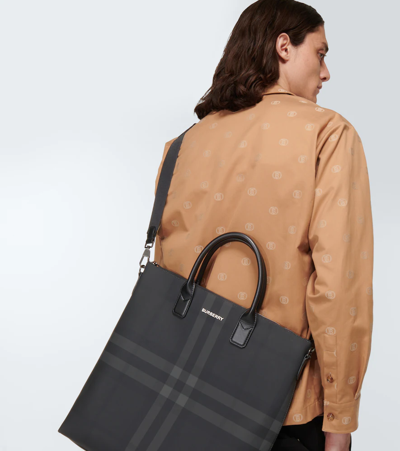 Shop Burberry London Check Canvas Tote Bag In Charcoal