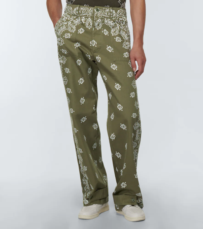 Shop Amiri Bandana Wide-leg Cotton Pants In Olive Green