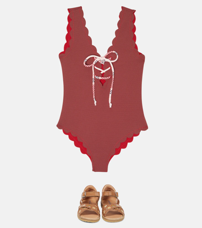 Shop Marysia Bumby Lace Up Swimsuit In Scooter/beet