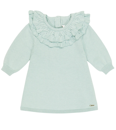 Shop Chloé Kids Baby Ruffled Cotton And Wool Dress In Blue