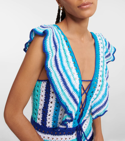 Shop Anna Kosturova Melissa Crocheted Cotton Minidress In White Blue Stripe