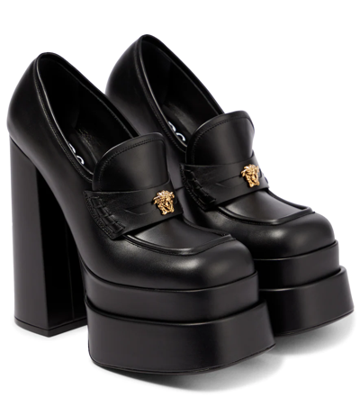 Shop Versace Aevitas Leather Platform Loafer Pumps In Black-gold