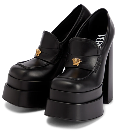 Shop Versace Aevitas Leather Platform Loafer Pumps In Black-gold