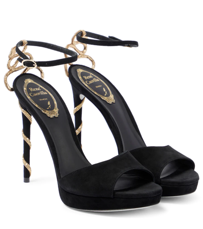 Shop René Caovilla Embellished Suede Platform Sandals In Black/gold