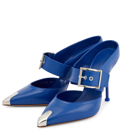 Shop Alexander Mcqueen Punk Buckled Leather Mules In Electric Blue