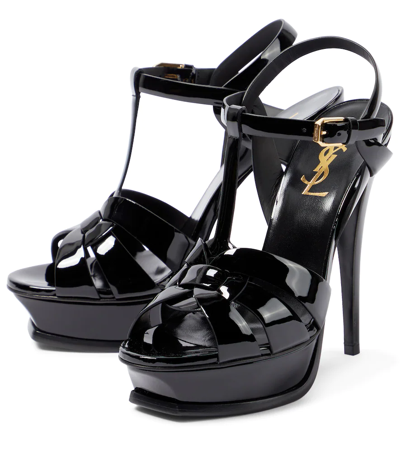 Shop Saint Laurent Tribute 135 Patent Leather Platform Sandals In Black