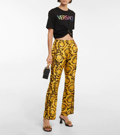 Shop Versace Barocco High-rise Silk Pants In Black+gold