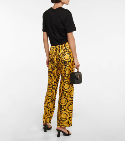 Shop Versace Barocco High-rise Silk Pants In Black+gold