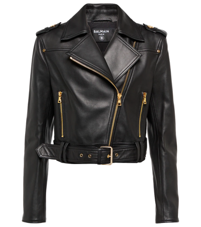 Shop Balmain Leather Biker Jacket In 0pa Noir