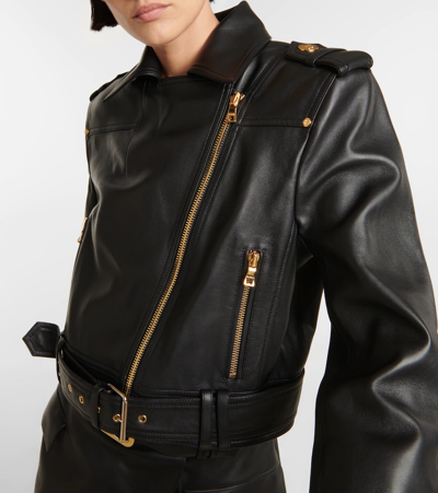 Balmain Cropped Leather Biker Jacket In Black