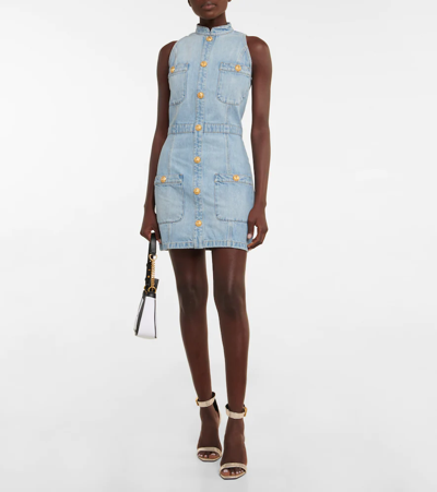 Shop Balmain Embellished Denim Minidress In 6fc Bleu Jean Clair