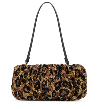 Shop Staud Bean Beaded Shoulder Bag In Leopard