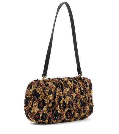 Shop Staud Bean Beaded Shoulder Bag In Leopard