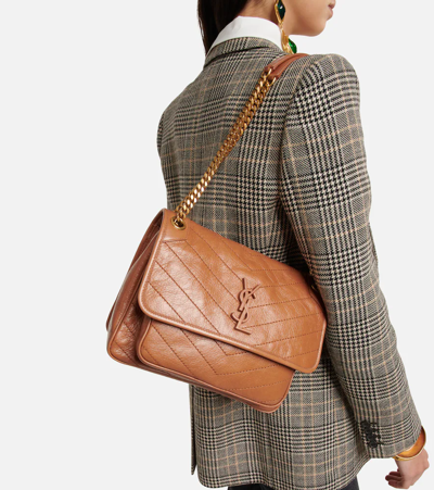Saint Laurent Niki Baby Medium Quilted Crinkled-leather Shoulder Bag In Light Caramel