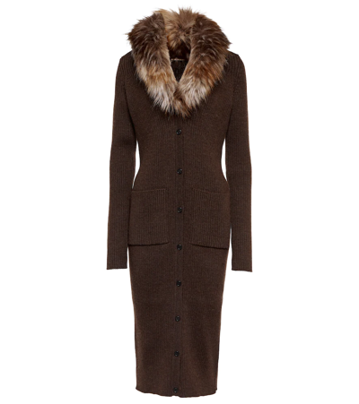 Shop Saint Laurent Faux Fur-trimmed Wool Midi Dress In Marron/beige/noir