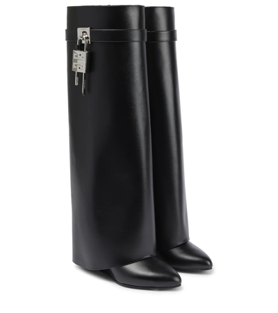 Shop Givenchy Shark Lock Leather Knee-high Boots In Black