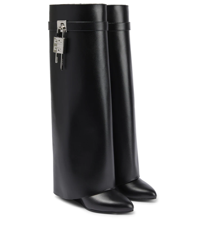 Givenchy Shark Lock Embellished Glossed-leather Knee Boots In Black
