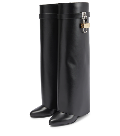 Shop Givenchy Shark Lock Leather Knee-high Boots In Black