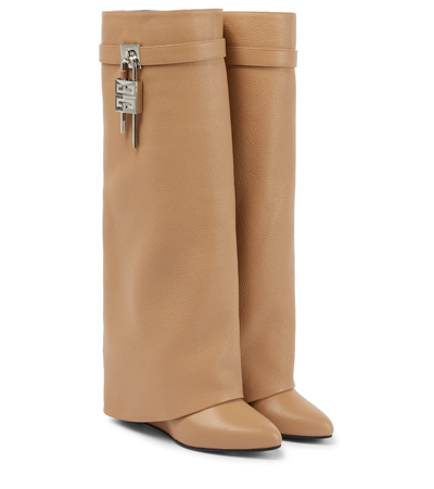 Shop Givenchy Shark Lock Leather Knee-high Boots In Beige