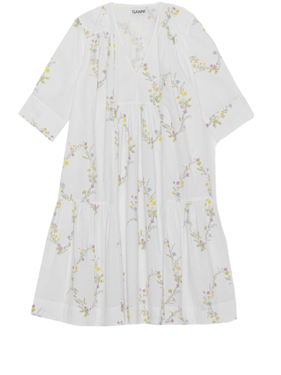 Shop Ganni Floral Cotton Dress In White