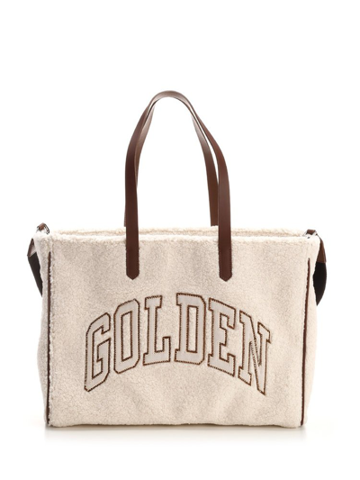 Shop Golden Goose Deluxe Brand Logo Embroidered Fleece Tote Bag In Beige