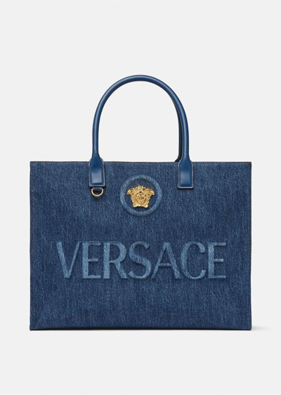 Shop Versace La Medusa Denim Large Tote Bag In Blue