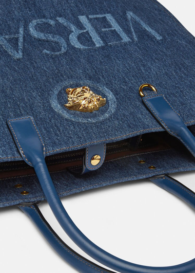 Shop Versace La Medusa Denim Large Tote Bag In Blue