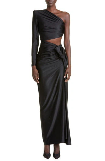 Shop Saint Laurent One-shoulder Cutout Jersey Gown In Noir