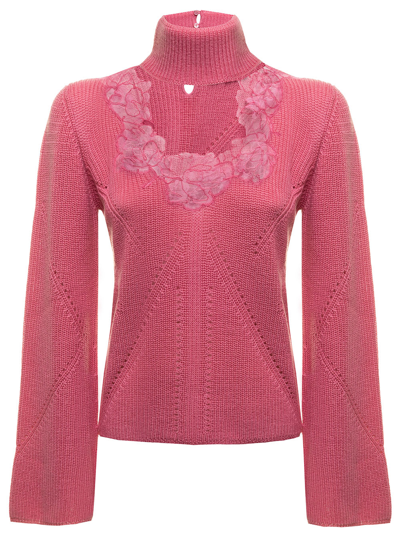Shop Blumarine Pink Wool Sweater With Embroidered Inserts  Woman