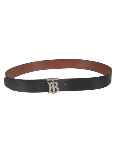 Shop Burberry Tb 35mm Rvs Plaque Leather Belt In Black/tan