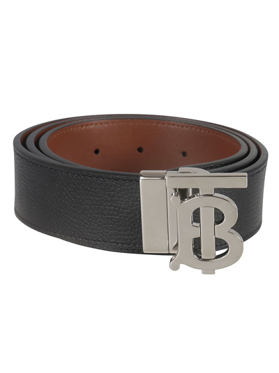 Shop Burberry Tb 35mm Rvs Plaque Leather Belt In Black/tan
