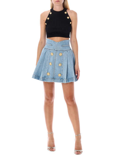 Shop Balmain Denim High Waisted Mini Skirt In Blue Jean
